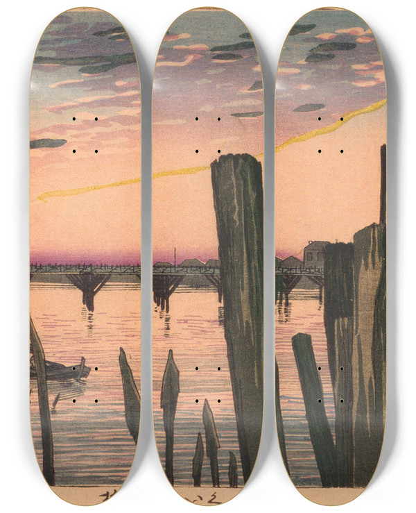 Triptych art skateboard deck of Kobayashi Kiyochika Breakwater Stakes And Rygoku Bridge by Kobayashi Kiyochika (1847-1915)