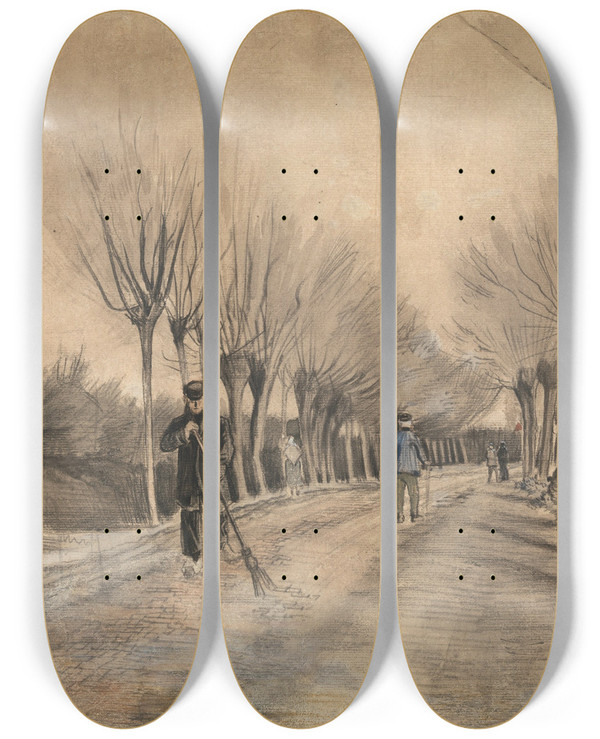 Triptych art skateboard deck of Vincent Van Gogh Road In Etten by Vincent van Gogh (1853-1890)