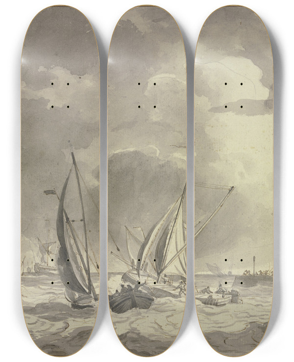 Triptych art skateboard deck of Hendrik Kobell Bewegte See Mit Vielen Schiffen Rechts Der Hafen Mit Einer Windmhle Und Einer Groen Kanone by Hendrik Kobell (1751-1779)