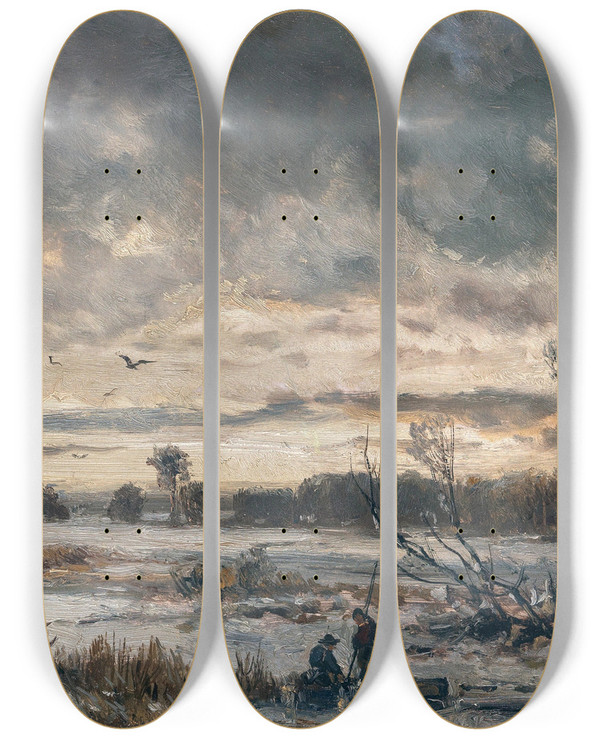 Triptych art skateboard deck of Adolf Stademann Fishing On The Ice by Adolf Stademann (1824-1895)