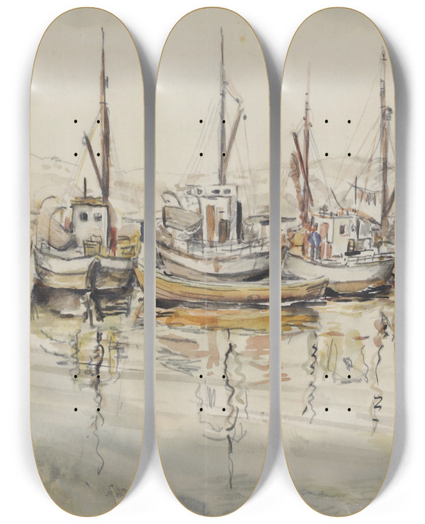 Triptych art skateboard deck of Igo Ptsch Boote Im Hafen by Igo Potsch (1884-1943)