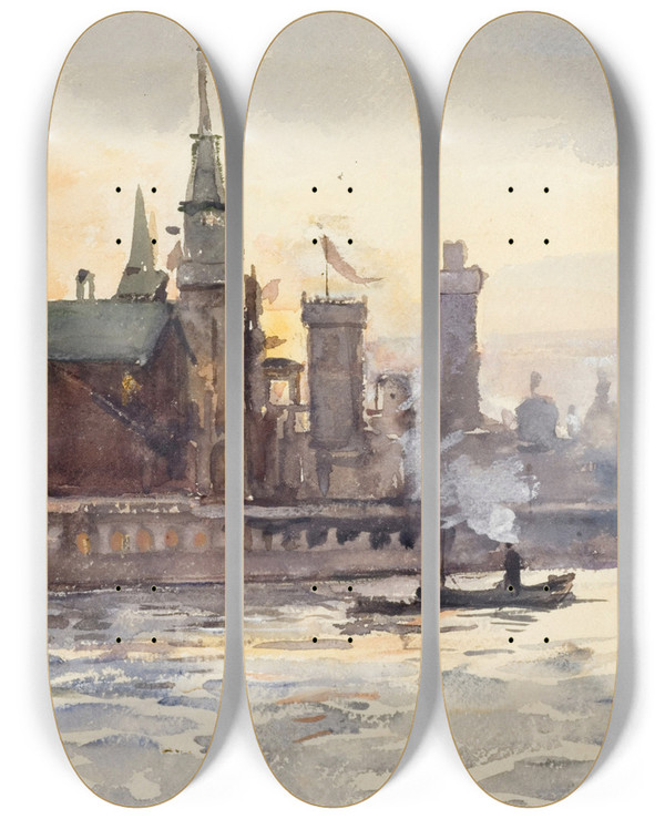 Triptych art skateboard deck of Laure Brouardel Exposition De 1900 Pavillons Trangers by Laure Brouardel (1852-1935)