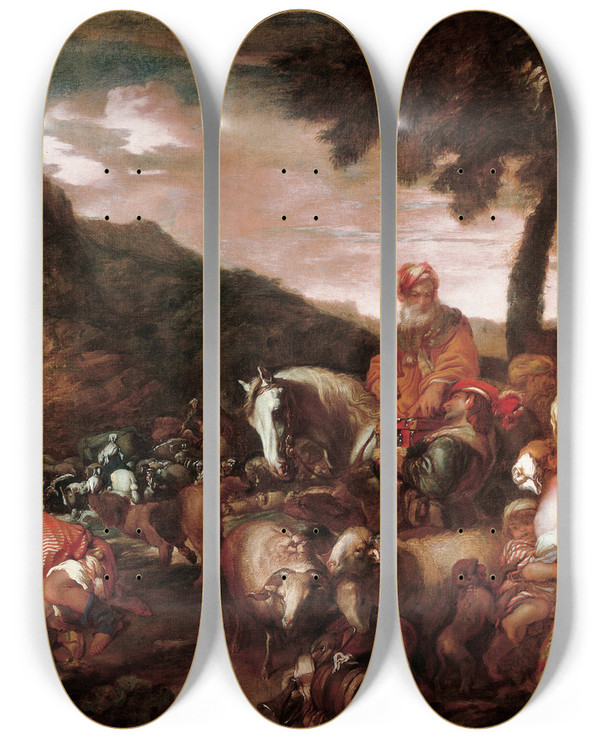 Triptych art skateboard deck of Giovanni Benedetto Castiglione Journey Of The Family Of Abraham by Giovanni Benedetto Castiglione (1609-1664)