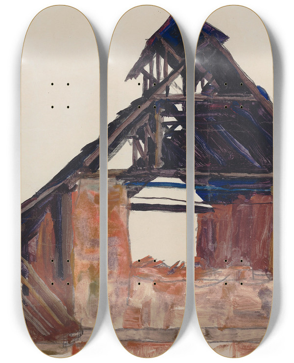 Triptych art skateboard deck of Egon Schiele Old Gable by Egon Schiele (1890-1918)