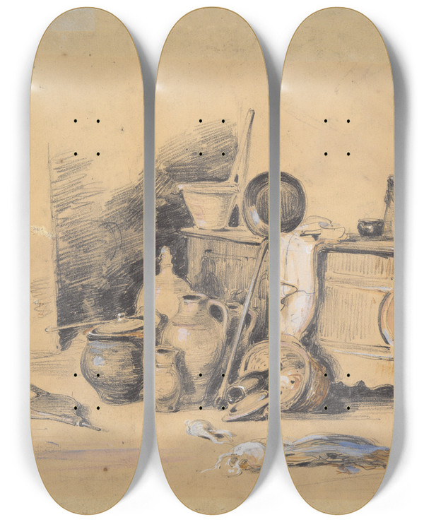 Triptych art skateboard deck of Jules Dupr Still Life by Jules Dupre (1811-1889)
