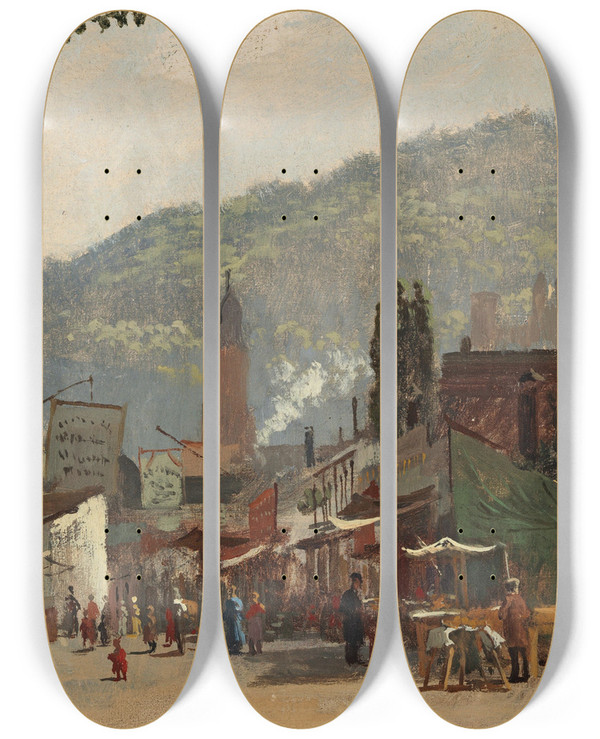 Triptych art skateboard deck of Karl Weysser Herbstmesse Auf Dem Jubilumsplatz In Heidelberg by Karl Weysser (1833-1904)