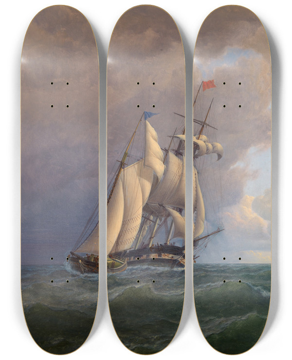 Triptych art skateboard deck of William Bradford Whaler Off The Vineyardoutward Bound by William Bradford (1823-1892)