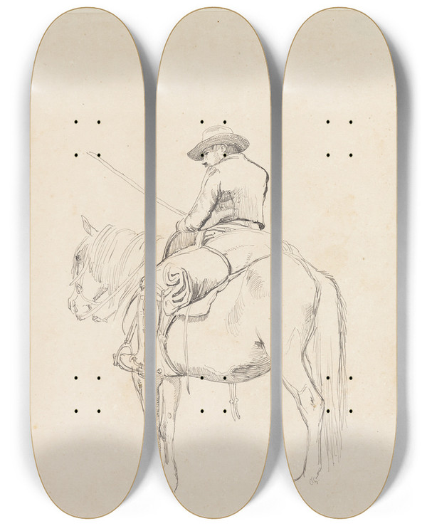 Triptych art skateboard deck of Johan Thomas Lundbye Campagnol Til Hest Set Skrt Bagfra Campagnol Til Hest Set Skrt Forfra by Johan Thomas Lundbye (1818-1848)