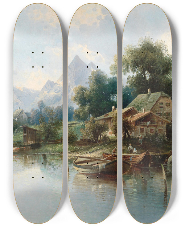 Triptych art skateboard deck of Karl Kaufmann Large Mountain Lake by Karl Kaufmann (1843-1905)