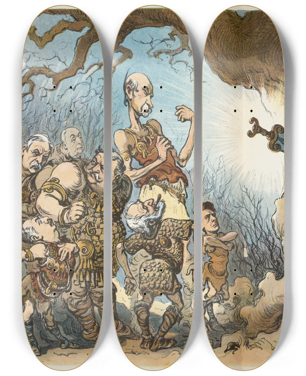 Triptych art skateboard deck of Udo Keppler The Sword Of Theodore by Udo Keppler (1872-1956)