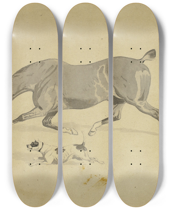 Triptych art skateboard deck of Abraham Cooper Running Horse And Dog by Abraham Cooper (1787-1868)