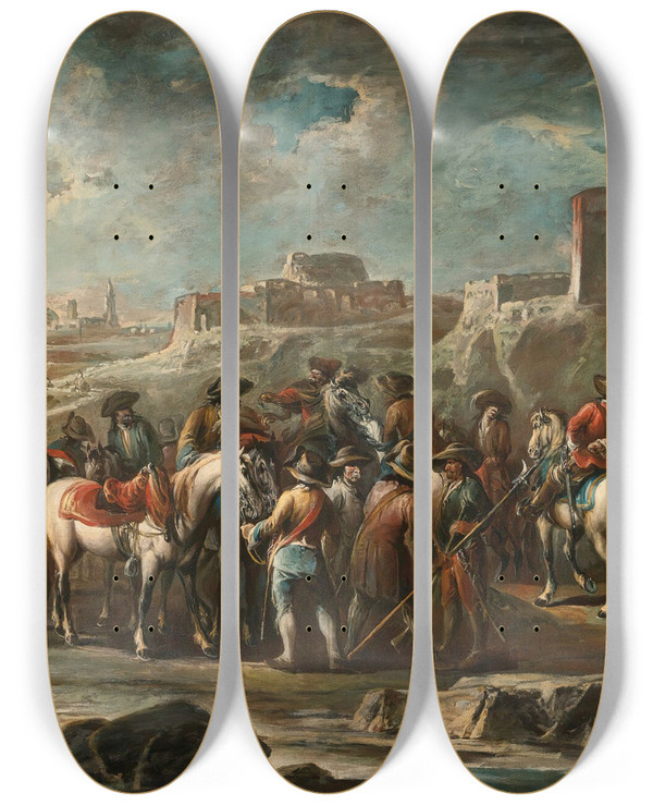 Triptych art skateboard deck of Francesco Simonini Soldiers In A Landscape by Francesco Simonini (1686-1755)