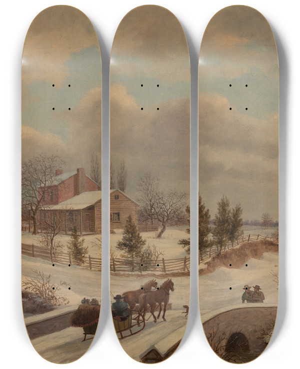 Triptych art skateboard deck of Thomas Birch Pennsylvania Winterscene by Thomas Birch (1779-1851)