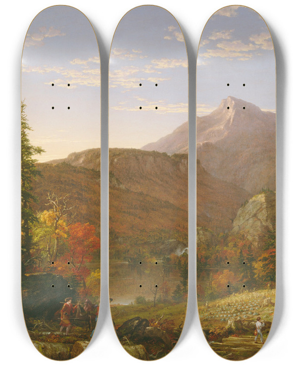 Triptych art skateboard deck of Thomas Cole The Hunters Return by Thomas Cole (1801-1848)