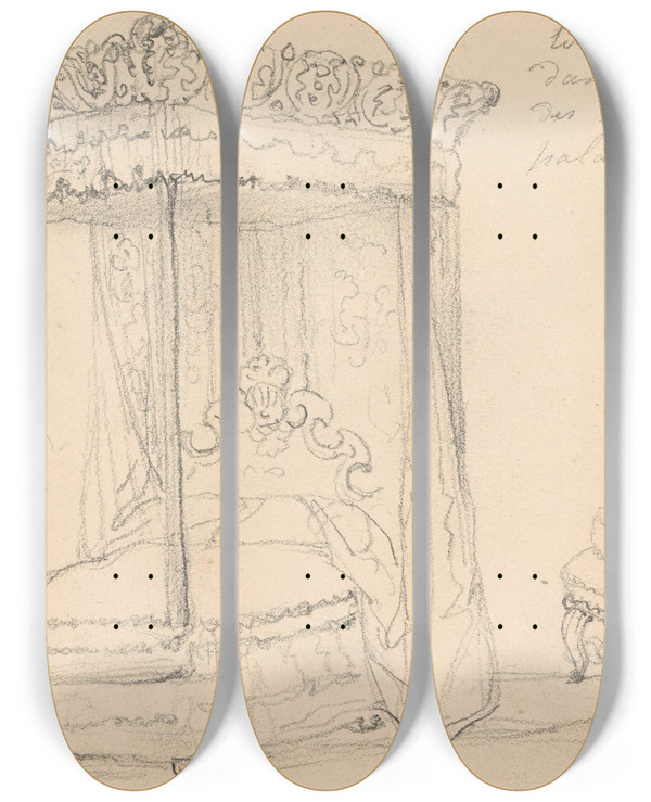 Triptych art skateboard deck of Nicaise De Keyser Mary Stuarts Bed In Holyrood Palace In Edinburgh by Nicaise De Keyser (1813-1887)