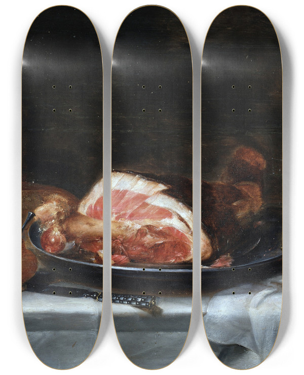 Triptych art skateboard deck of Alexander Adriaenssen Still Life With Ham And Grapes_2 by Alexander Adriaenssen (1587-1661)