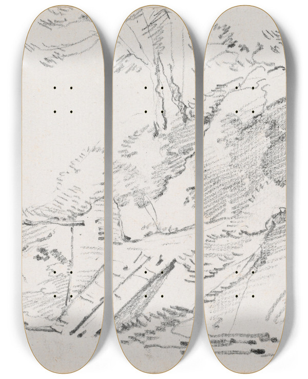Triptych art skateboard deck of Josephmarie Vien An Ancient Wall With A Ruined Gate by Joseph Marie Vien (1716-1809)