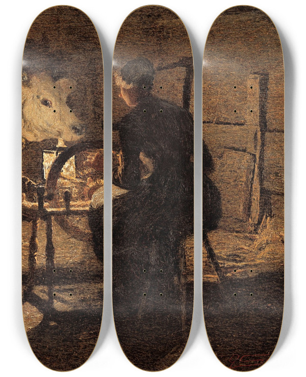 Triptych art skateboard deck of Giovanni Segantini Spinning by Giovanni Segantini (1858-1899)