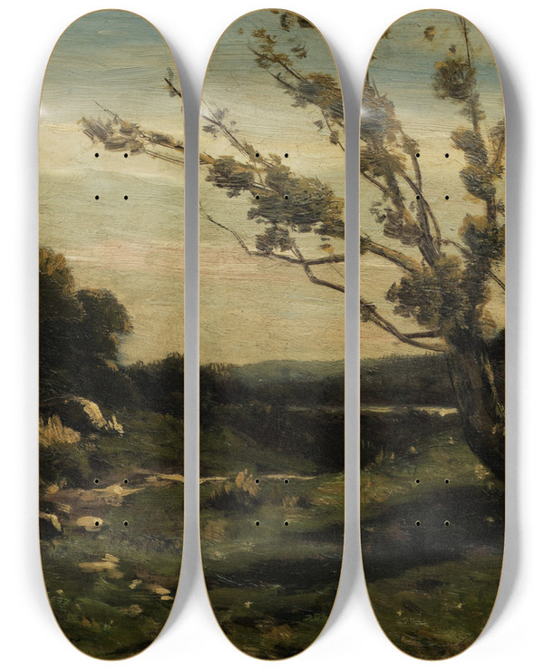Triptych art skateboard deck of Henrijoseph Harpignies Morning In The Nievre by Henri Joseph Harpignies (1819-1916)