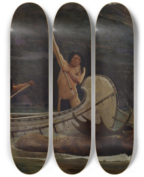 Triptych art skateboard deck of George De Forest Brush The Moose Chase by George De Forest Brush (1855-1941)