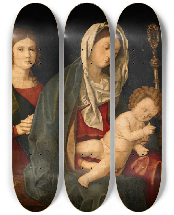 Triptych art skateboard deck of Vincenzo Catena Virgin And Child With Saints And A Donor by Vincenzo Catena (1480-1531)