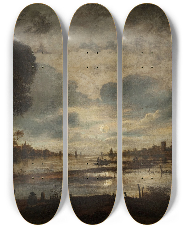 Triptych art skateboard deck of Petrus Van Schendel Moonlit Landscape by Petrus Van Schendel (1806-1870)