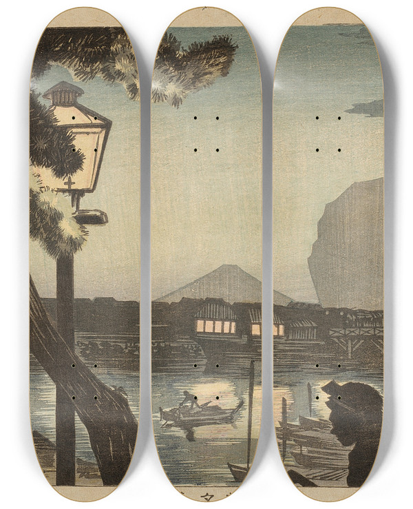 Triptych art skateboard deck of Kobayashi Kiyochika Mt Fuji At Dusk From Edo Bridge by Kobayashi Kiyochika (1847-1915)