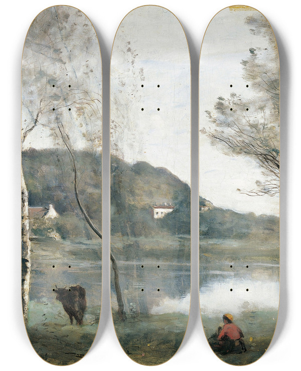Triptych art skateboard deck of Jeanbaptistecamille Corot Letang De Ville Davray by Jean-Baptiste-Camille Corot (1796-1875)