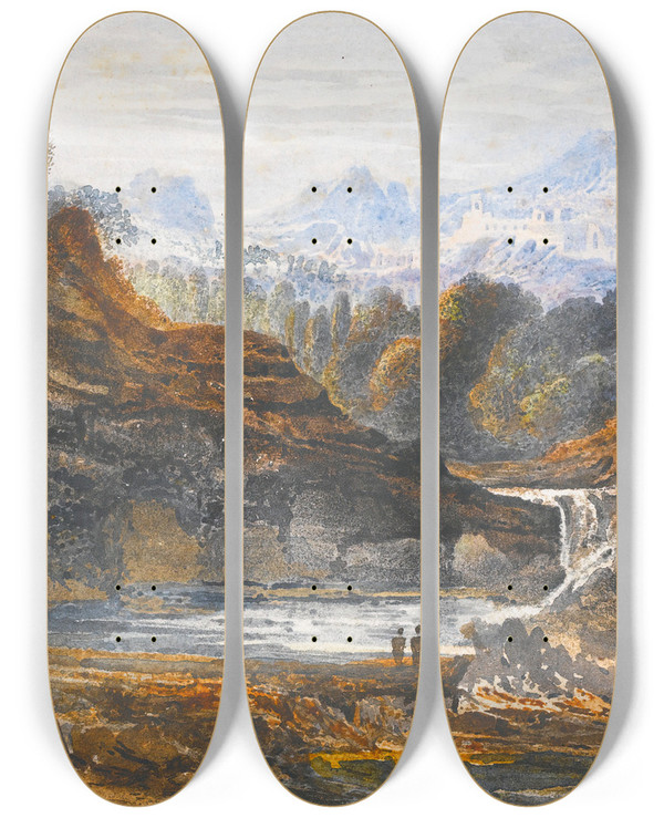 Triptych art skateboard deck of John Martin Figures In A Classical Landscape by John Martin (1789-1854)