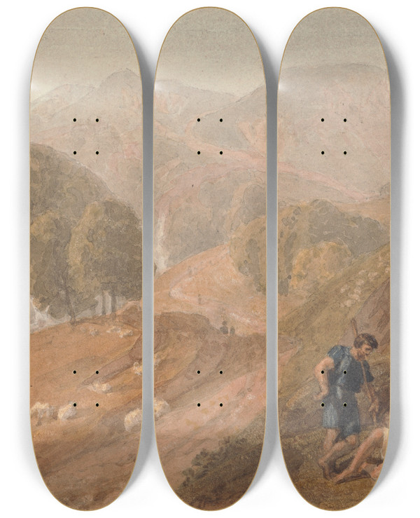 Triptych art skateboard deck of Joshua Cristall Arcadian Landscape With Shepherds by Joshua Cristall (1765-1847)