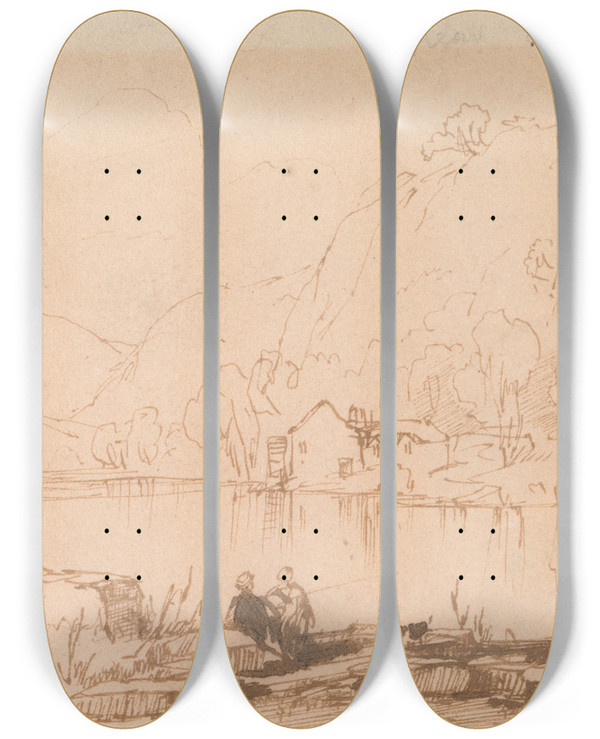 Triptych art skateboard deck of Thomas Creswick British Title Fisherman By A River by Thomas Creswick (1811-1869)