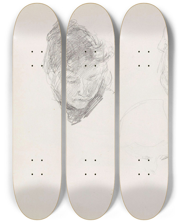 Triptych art skateboard deck of Signe Scheel Kvinnehode Riss Av To Hoder by Signe Scheel (1860-1942)