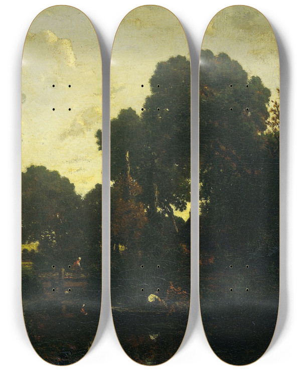 Triptych art skateboard deck of Thodore Rousseau Avondschemering by Theodore Rousseau (1812-1867)
