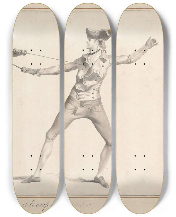 Triptych art skateboard deck of James Gwin Position Pour Le Garde En Tierce Et Le Coup De Tierce by James Gwin (1720-1769)