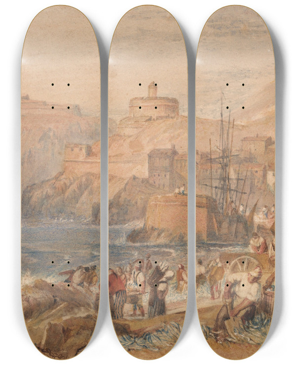 Triptych art skateboard deck of Joseph Mallord William Turner St Mawes Cornwall by Joseph Mallord William Turner (1775-1851)