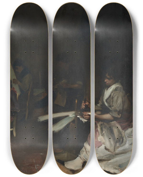 Triptych art skateboard deck of John Singer Sargent Venetian Glass Workers by John Singer Sargent (1856-1925)