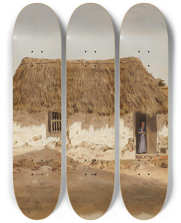 Triptych art skateboard deck of Frederic Edwin Church Colombia Barranquilla Two Houses by Frederic Edwin Church (1826-1900)