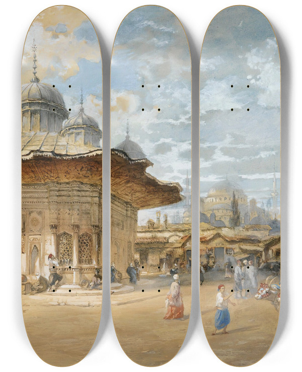 Triptych art skateboard deck of Eugne Flandin The Fountain Of Sultan Ahmed Iiiconstantinople by Eugene Flandin (1809-1876)
