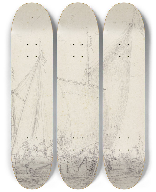 Triptych art skateboard deck of Simon De Vlieger Barken Liegen An Einem Gemauerten Quai Auf Welchem Mehrere Figuren Stehen by Simon de Vlieger (1601-1653)