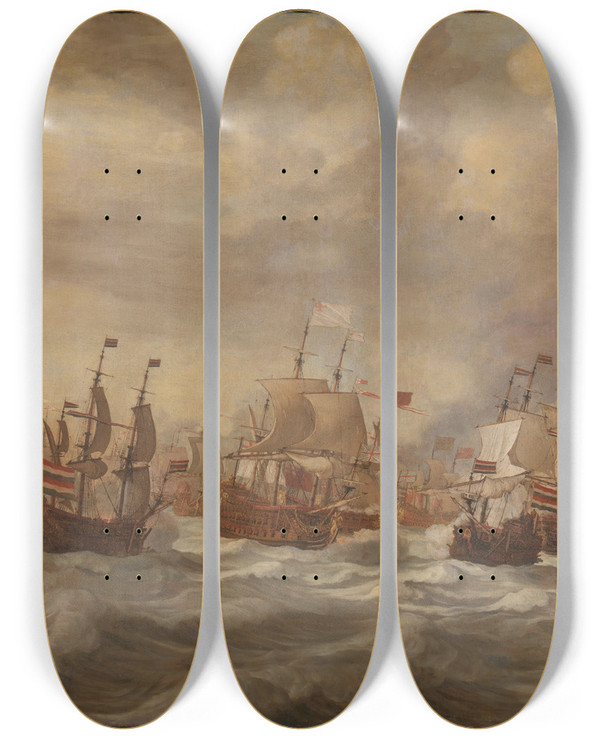 Triptych art skateboard deck of Willem Van De Velde The Elder Episode From The Four Days Naval Battle 1114 June 1666 by Willem van de Velde the Elder (1610-1693)