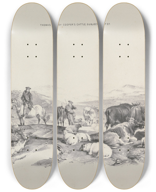 Triptych art skateboard deck of Thomas Sidney Cooper Thomas Sydney Coopers Cattle Subjects Pl27 by Thomas Sidney Cooper (1803-1902)