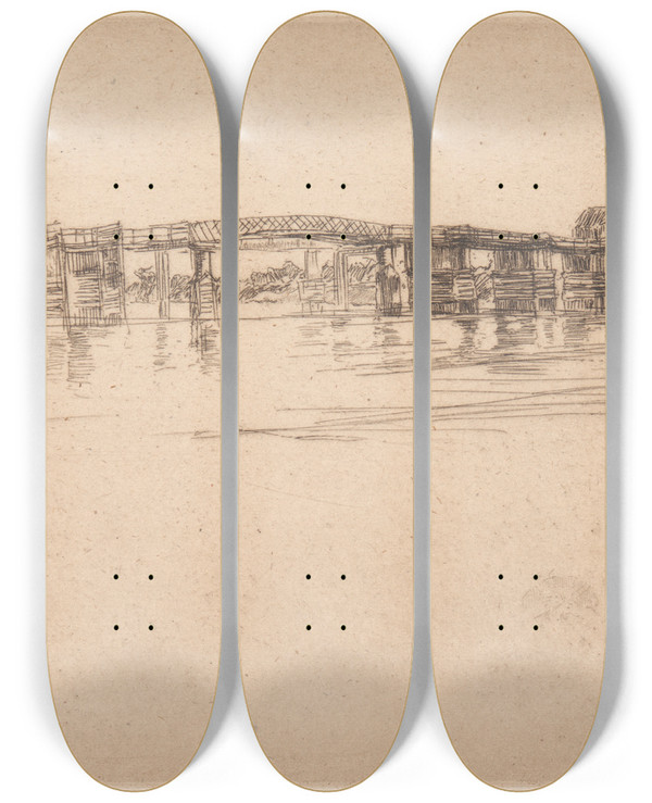Triptych art skateboard deck of James Abbott Mcneill Whistler The Little Putney No 1 by James Abbott Mcneill Whistler (1834-1903)