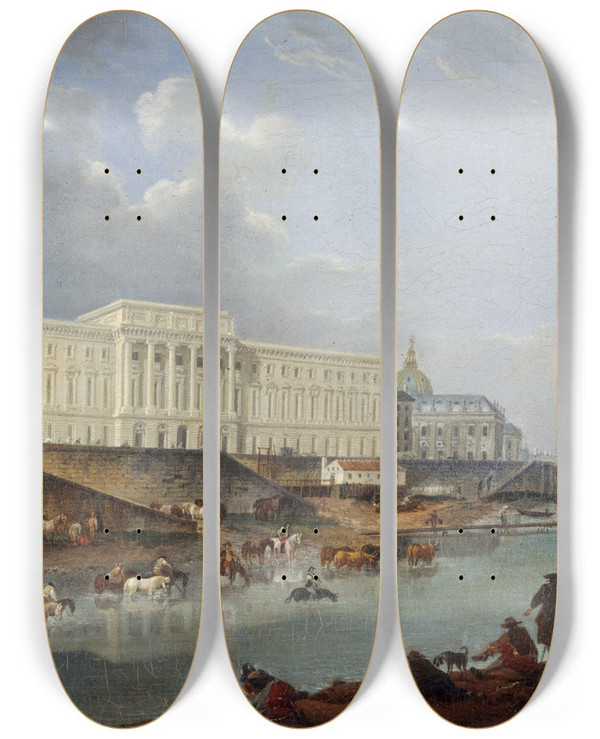 Triptych art skateboard deck of Pierreantoine Demachy Lhtel De La Monnaie Le Quai De Conti Et La Seine Vus De La Pointe De La Cit by Pierre-Antoine Demachy (1723-1807)