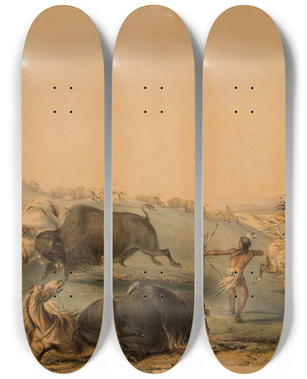 Triptych art skateboard deck of George Catlin Buffalo Hunt Chase by George Catlin (1796-1872)