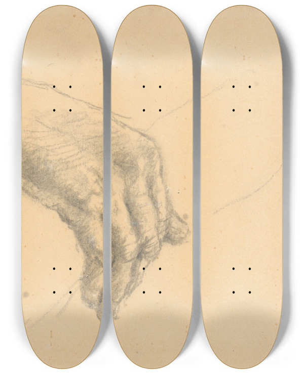 Triptych art skateboard deck of Gustv Mall Study Of A Hand by Gustav Mally (1879-1952)