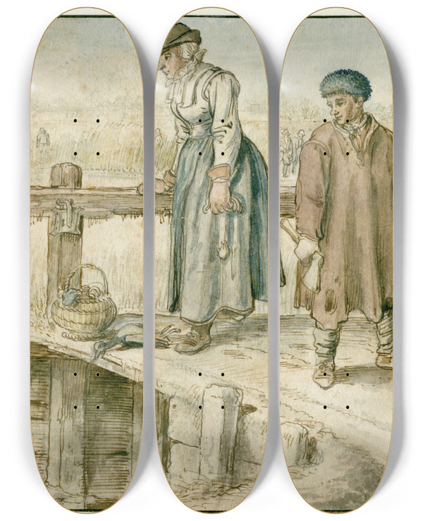Triptych art skateboard deck of Hendrick Avercamp Winter Landscape With A Woman And A Youth On A Small Bridge Skaters And A Gallows In The Distance by Hendrick Avercamp (1585-1634)