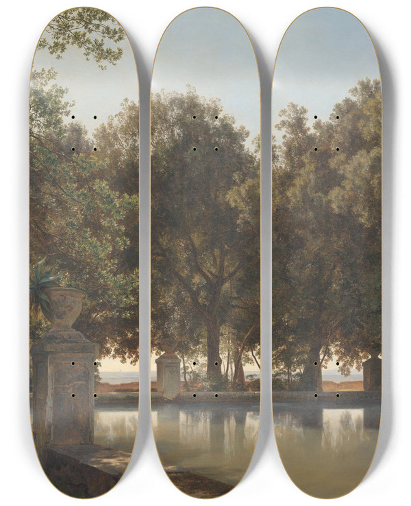Triptych art skateboard deck of Janus La Cour The Gardens Of The Villa Deste Tivoli by Janus La Cour (1837-1909)