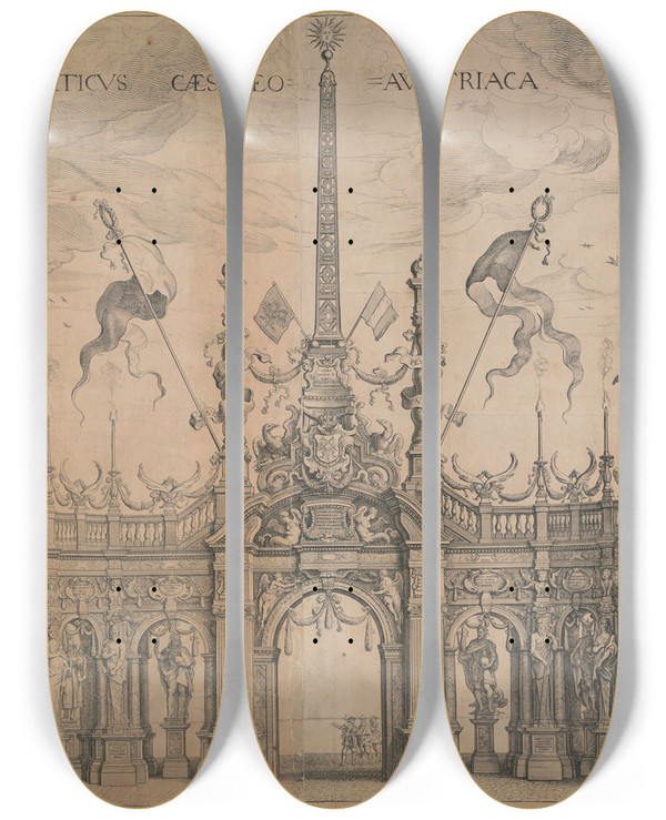 Triptych art skateboard deck of Peter Paul Rubens The Arcade Of The Emperors by Peter Paul Rubens (1577-1640)