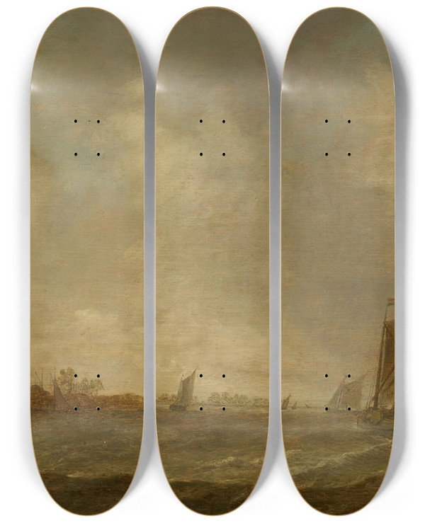 Triptych art skateboard deck of Jan Van Goyen An Estuary With Fisherman And Shipping And A Church To The Left by Jan Van Goyen (1596-1656)