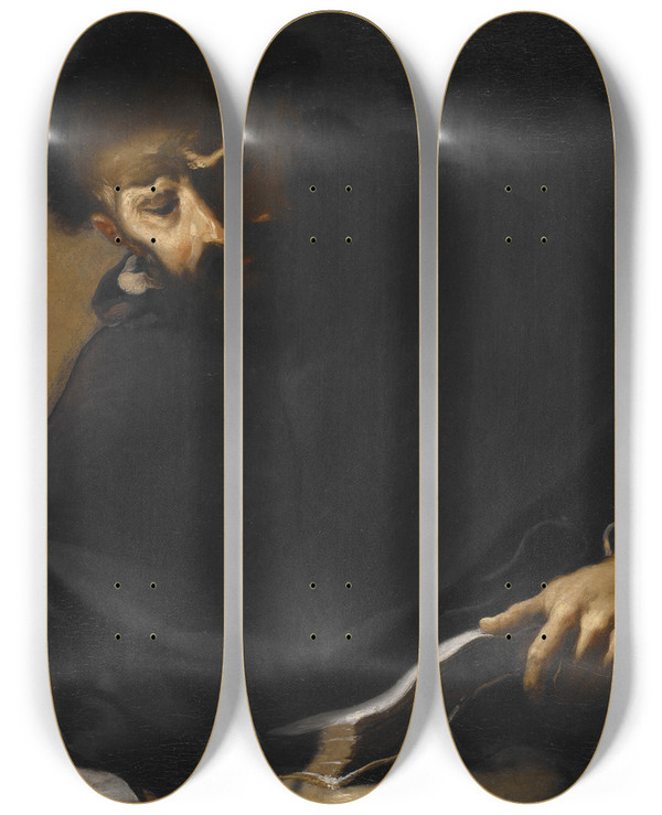 Triptych art skateboard deck of Pietro Della Vecchia St Dominic And The Devil by Pietro della Vecchia (1602-1678)